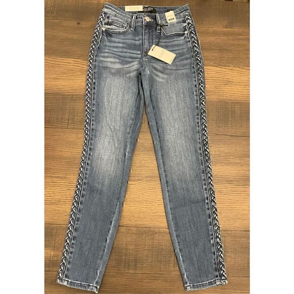 Judy Blue Relaxed Fit Mid-Rise Denim Jeans with braided leg detail - Picture 2 of 10
